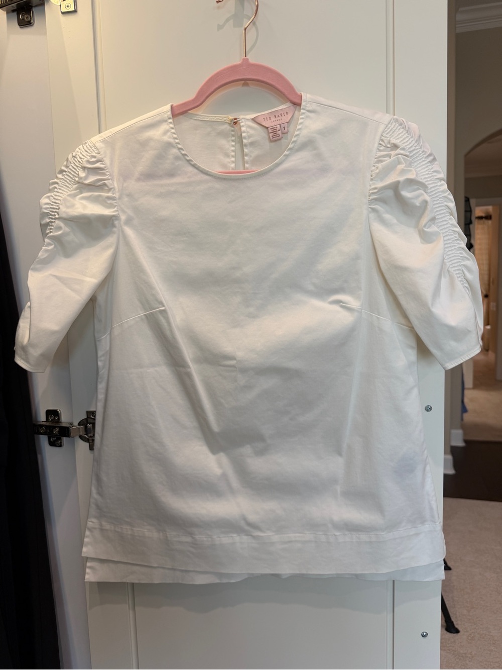 Ted Baler White Puff Sleeve Blouse with Ruching Detail - Stretch Cotton